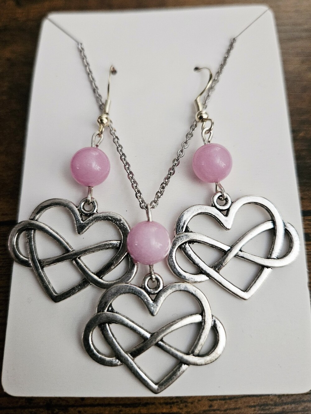 Rose Quartz Bead Heart Infinity Necklace & Earrings Set